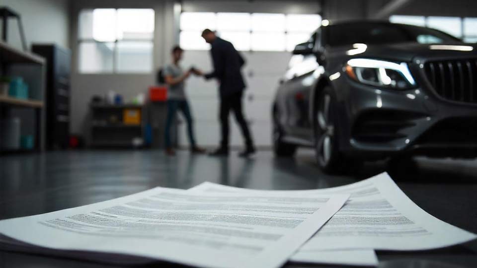 Auto mit Getriebeschaden in einer Werkstatt in Bottrop; Infografik mit Reparaturkosten und Verkauf.